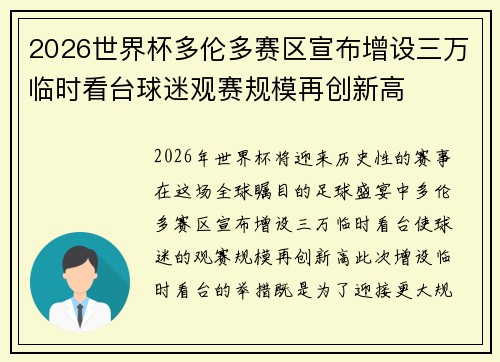 2026世界杯多伦多赛区宣布增设三万临时看台球迷观赛规模再创新高 2026世界杯多伦多赛区宣布增设三万临时看台球迷观赛规模再创新高